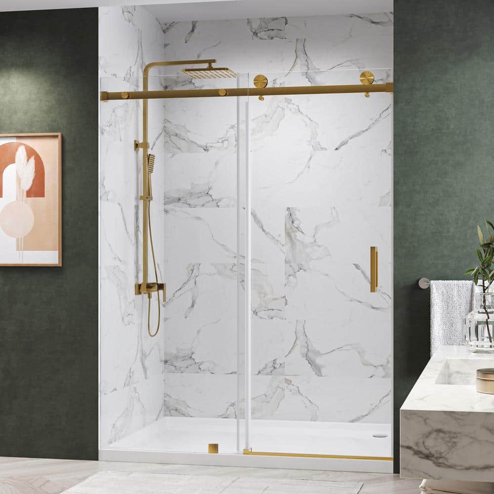 Serenity 60 in. W x 76 in. H Single Sliding Frameless Shower Door in Brushed Gold with 3/8 in. Clear Glass price history on PriceWatchPro