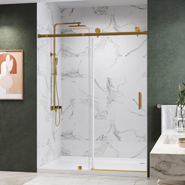 Kobiworks Serenity 60 in. W x 72 in. H Single Sliding Frameless Tub Door in Brushed Gold with 3/8 in. Clear Glass