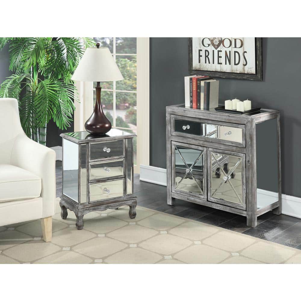 Weathered Gray Mirrored 3-Drawer End Table with Storage