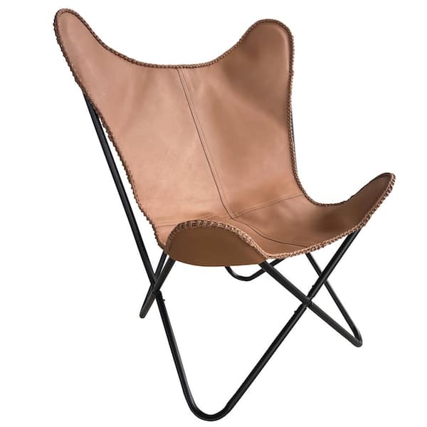AmeriHome Tan Genuine Leather Butterfly Chair with Black Powder Coated Steel Frame