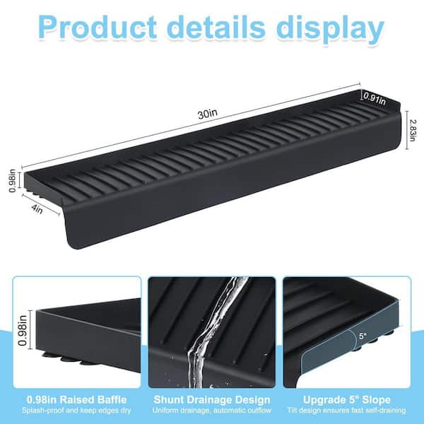 2.83 in. H x 30 in. W x 4 in. D Black Silicone Faucet Splash Guard, Faucet Water Catcher Mat, Silicone Sink Mat