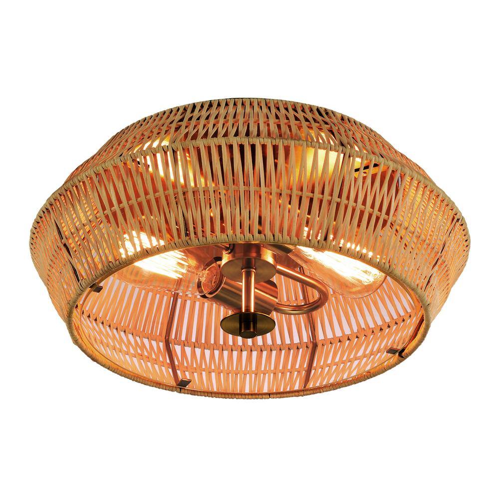 Vintage Brass and Natural Rattan Geometric Cage Flush Mount Light