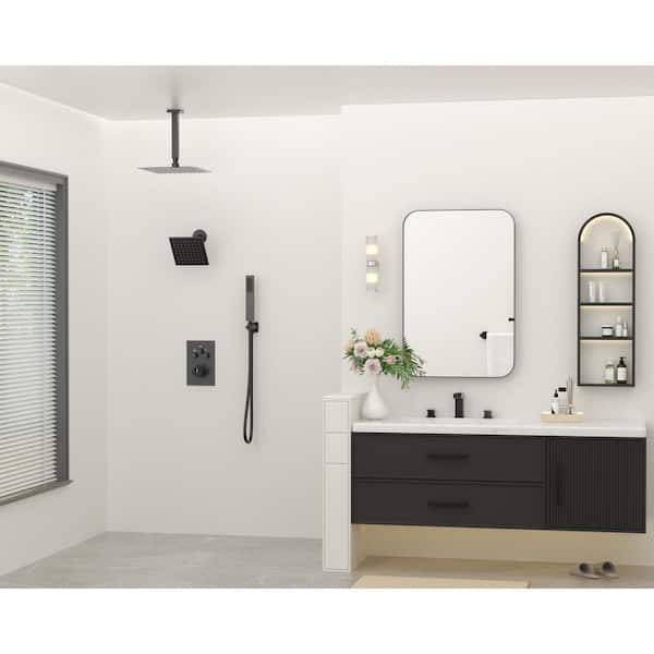 Triple Handle 7-Spray Patterns 12 in. Ceiling Mount Rainfall Shower Faucet with High Pressure in Matte Black