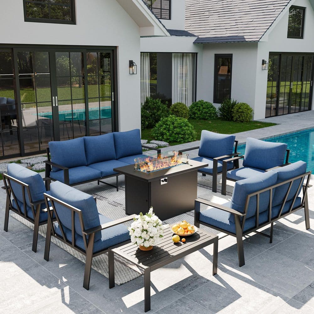9-Person 8-Pieces Outdoor Aluminum Sofa Set with Navy Blue Cushions, Fire Pit Table and Coffee Table price history on PriceWatchPro