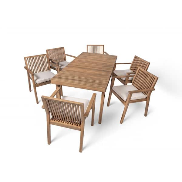 69 in. 7-Piece Brown Heavy-Duty Acacia Wood Outdoor Dining Set with Beige Cushion
