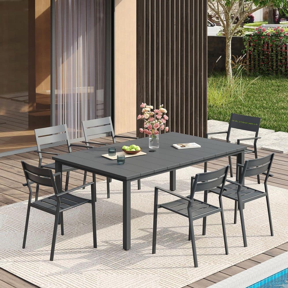 7-Piece Metal Outdoor Patio Dining Set with 63 in. Gray Rectangle Slat Table and 6 Stackable Chairs in Gray price history on PriceWatchPro