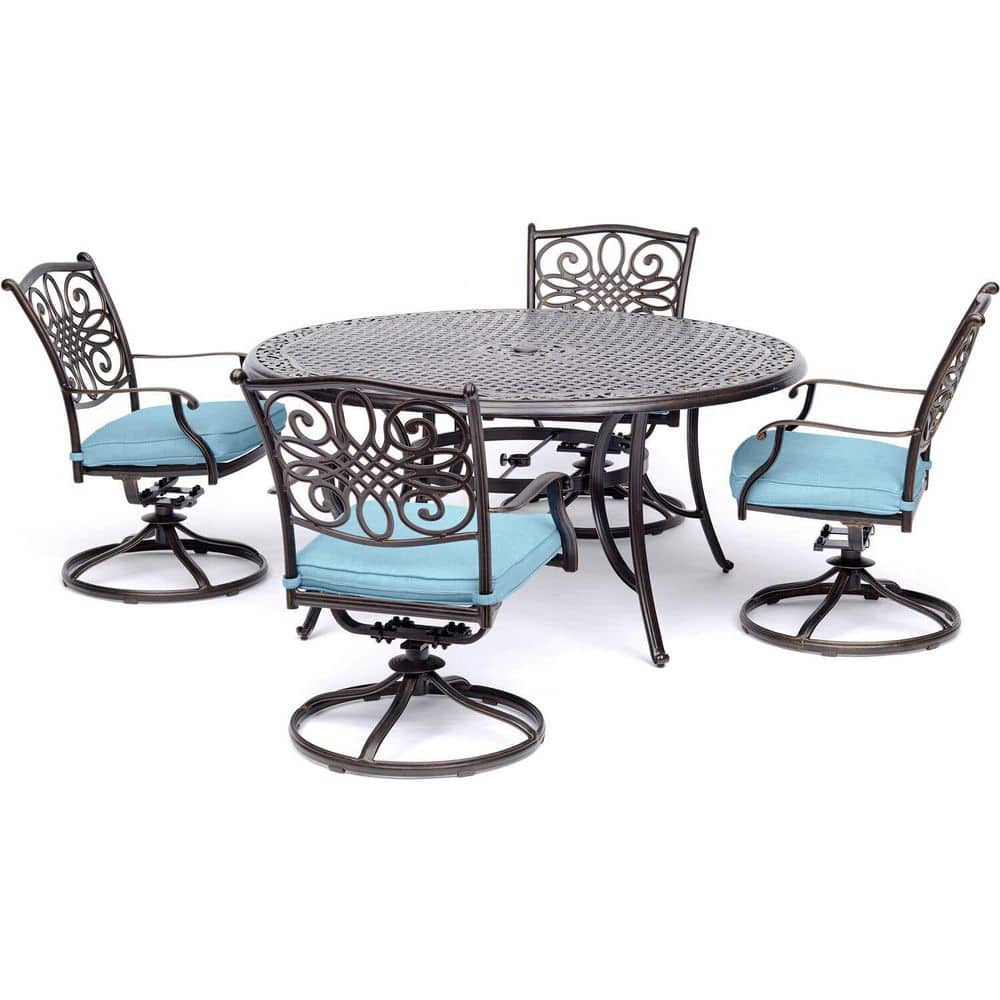 Hanover 5-Piece Blue Cushioned Aluminum Outdoor Dining Set with Swivel Chairs