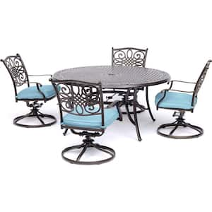 Traditions 5-Piece Outdoor Round Patio Dining Set and 4 Swivel Rockers with Blue Cushions