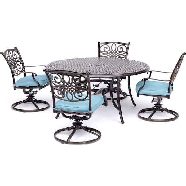 Hanover Traditions 5-Piece Outdoor Round Patio Dining Set and 4 Swivel Rockers with Blue Cushions