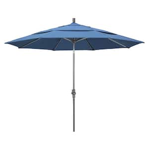 11 ft. Hammertone Grey Aluminum Market Patio Umbrella with Crank Lift in Frost Blue Olefin