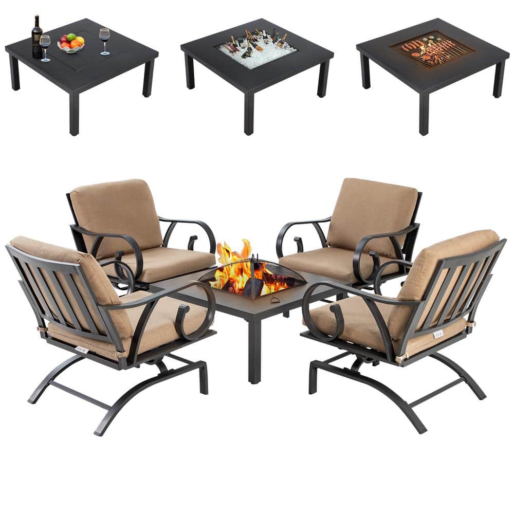 5-Piece Outdoor Metal Patio Conversation Set with Padded Brown Cushion and 