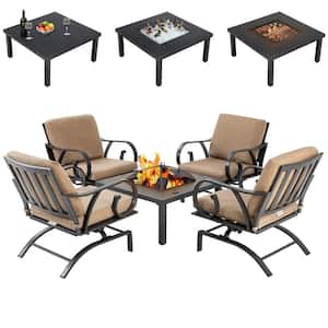 5-Piece Outdoor Metal Patio Conversation Set with Padded Brown Cushion and Fire Table Pits