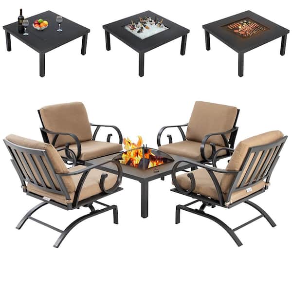 Unbranded 5-Piece Outdoor Metal Patio Conversation Set with Padded Brown Cushion and Fire Table Pits
