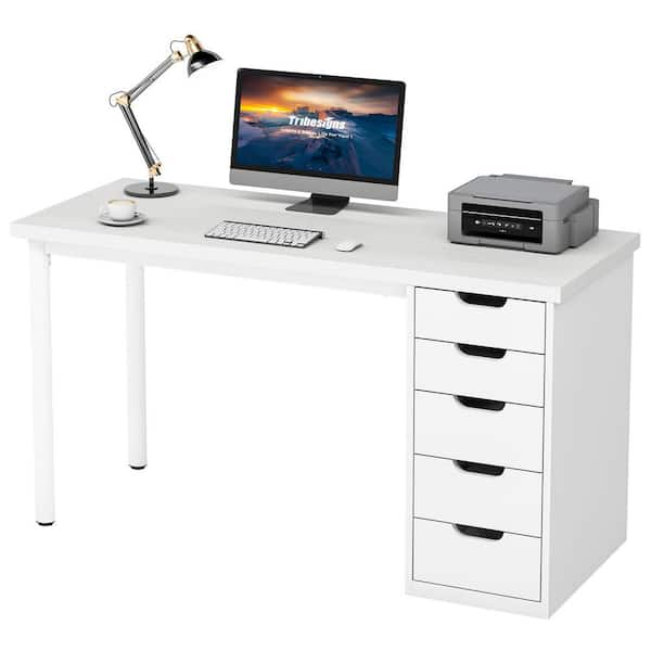 BYBLIGHT Havrvin 47 in. Rectangular White 5-Drawer Computer Desk, Modern Study Writing Table for Home Office