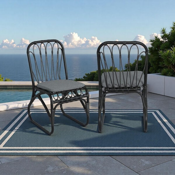 Black Wicker Outdoor Dining Chair with Gray Cushion (2-Pack) ODC