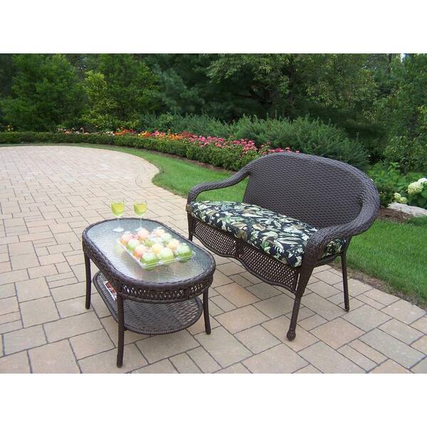 Oakland Living Elite Resin Wicker 2-Piece Patio Loveseat and Coffee Table Set with Floral Cushion