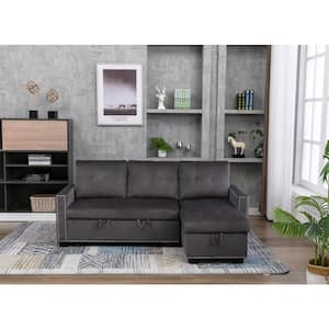 77 in. W Square Arm 2-Piece Dark Gray Velvet L Shaped Tufted Reversible Sectional Sofa w/Storage and Silver Nails