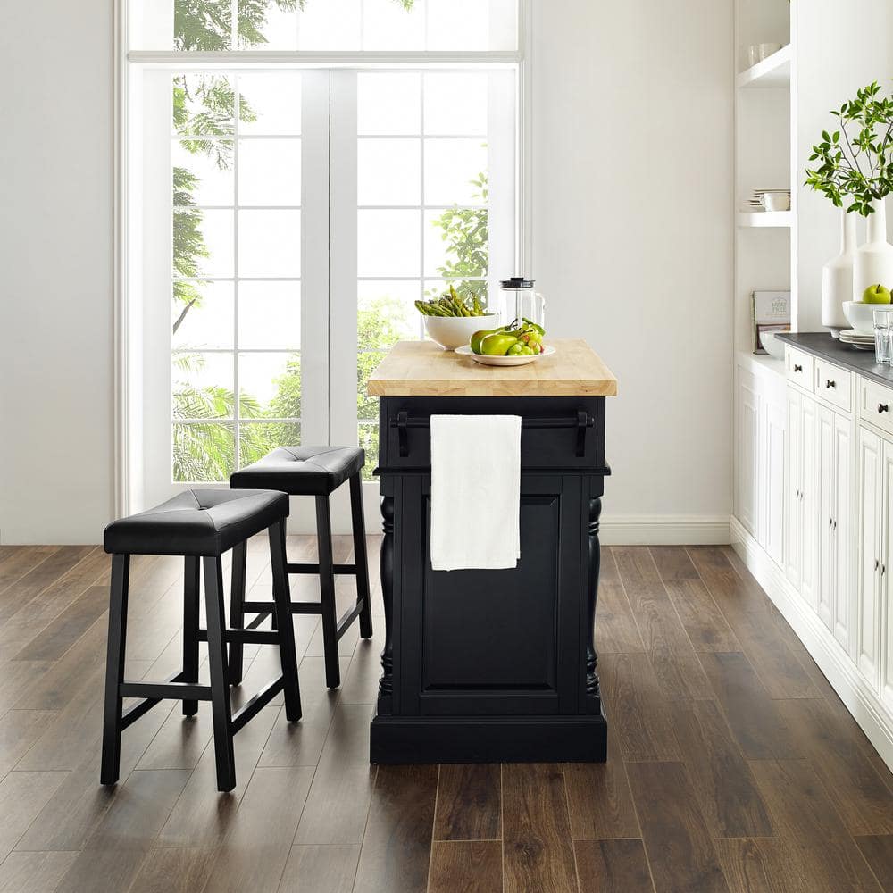 Oxford 30" Black Wood Kitchen Island with Saddle Stools