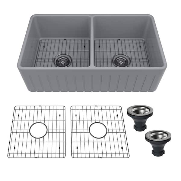 Dimakai 33 in. Farmhouse Apron Front Double Bowl Striped Design Matte Gray Fireclay Kitchen Sink with Drain Grid, Drain Assembly