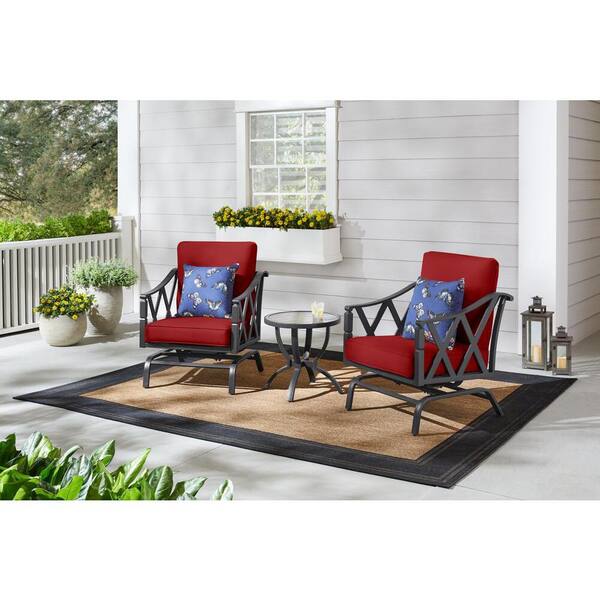 Hampton Bay Harmony Hill 3-Piece Black Steel Outdoor Patio Motion Conversation Set with CushionGuard Chili Red Cushions