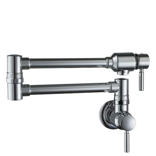 All-in-One Residential Wall Mount Folding Pot Filler Faucet with Dual Handles and Neoperl Aerator in Chrome