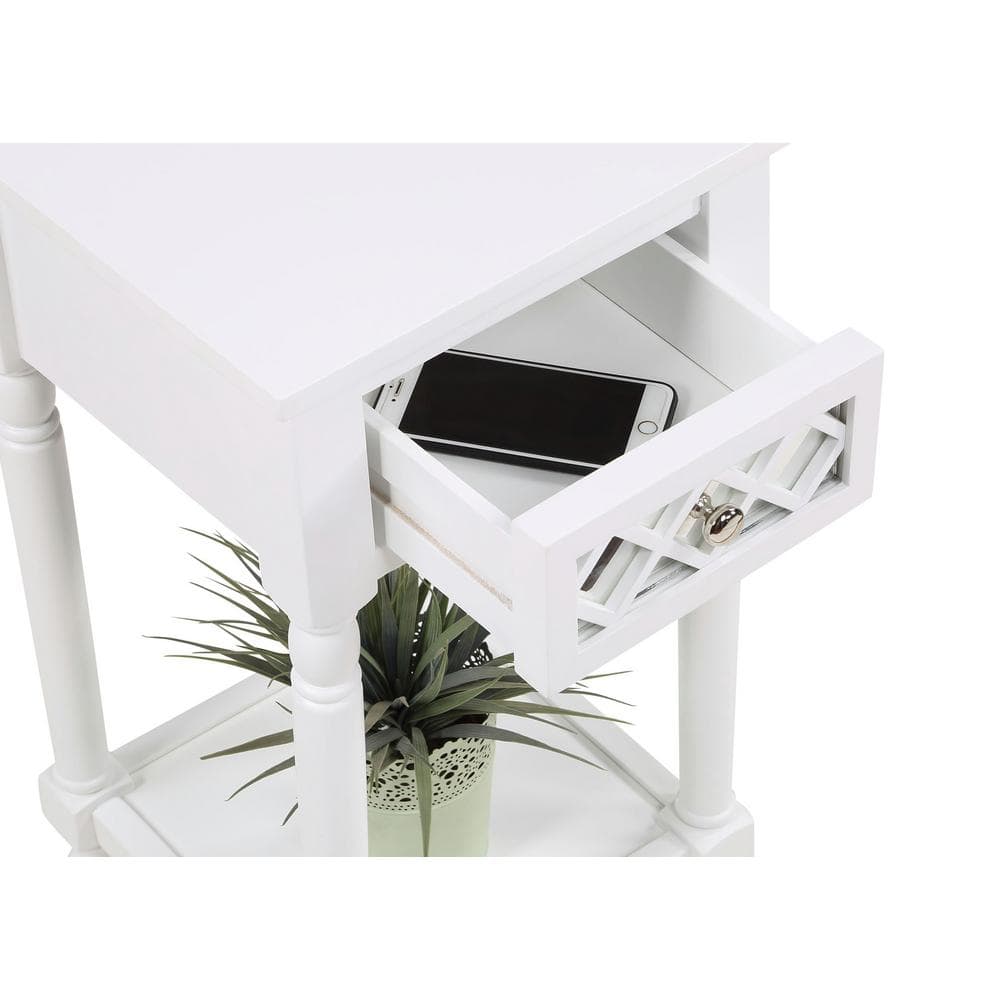 Open drawer of the white accent table showing a smartphone inside.