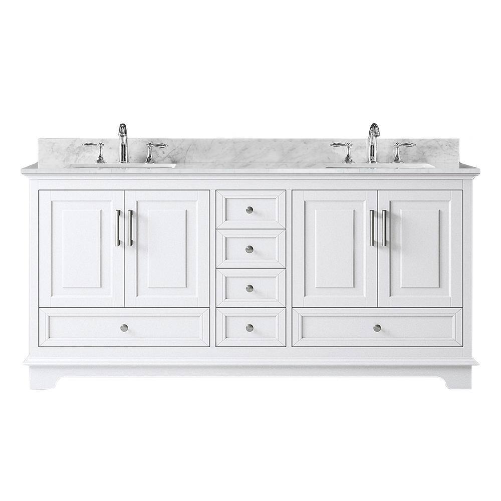 72'' White Double Bathroom Vanity with Carrara Marble Top