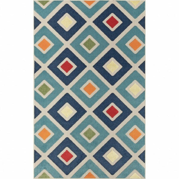 Blue, Ivory 4 ft. x 6 ft. Woven Polypropylene Rectangle Indoor/Outdoor Area Rug