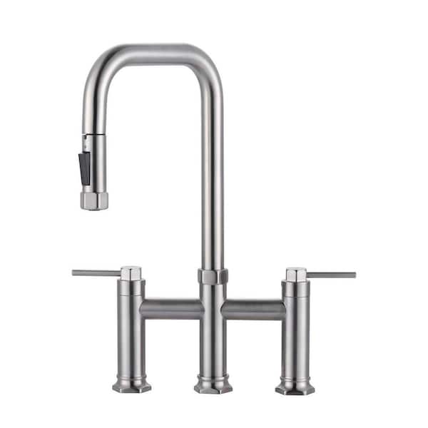 Double Handle Bridge Kitchen Faucet in Brushed Nickel
