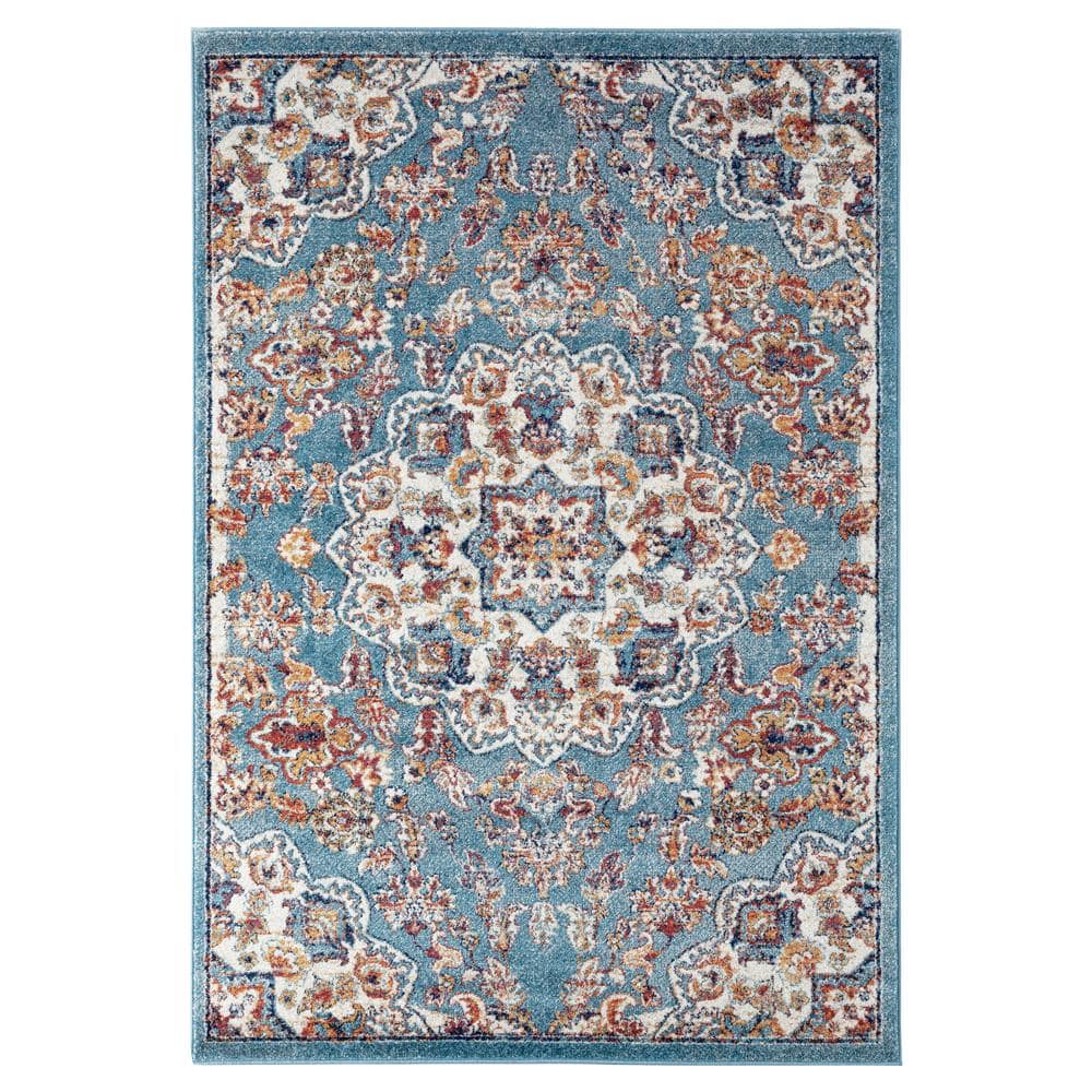 Blue Round Oriental Synthetic Easy Care Rug, 6'7"