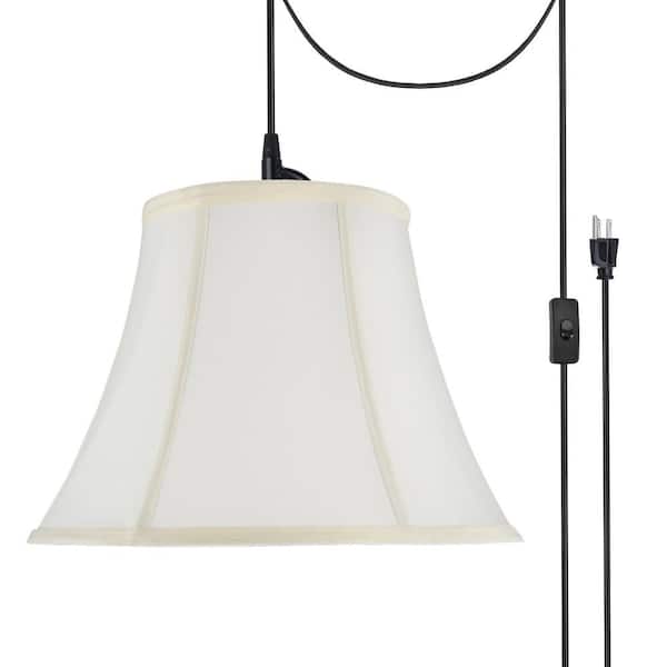 1-Light Black Plug-In Swag Pendant with Off White Bell Fabric Shade