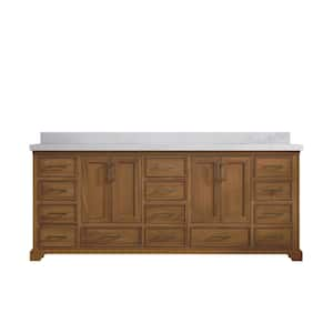 Charlotte Teak 84 in. W x 22 in. D x 36 in. H Double Sink Bath Vanity in Dark Natural with 2 in. Calacatta Laza Top