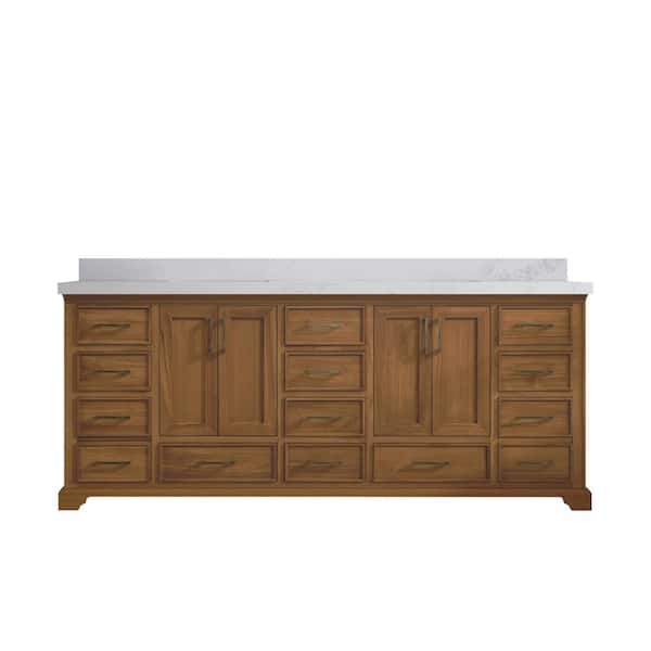 Willow Collections Charlotte Teak 84 in. W x 22 in. D x 36 in. H Double Sink Bath Vanity in Dark Natural with 2 in. Calacatta Laza Top