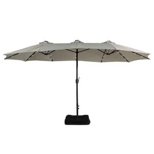 15 ft. Steel Pole Market Solar Light No Tilt Patio Umbrella with With Plastic Base and Steel Cross Base in Beige