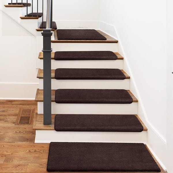 PURE ERA Plush Dark Brown 9.5 in. x 30 in. x 1.2 in. Bullnose Polyster Carpet Stair Tread Cover Landing Mat Tape Free Set of 15