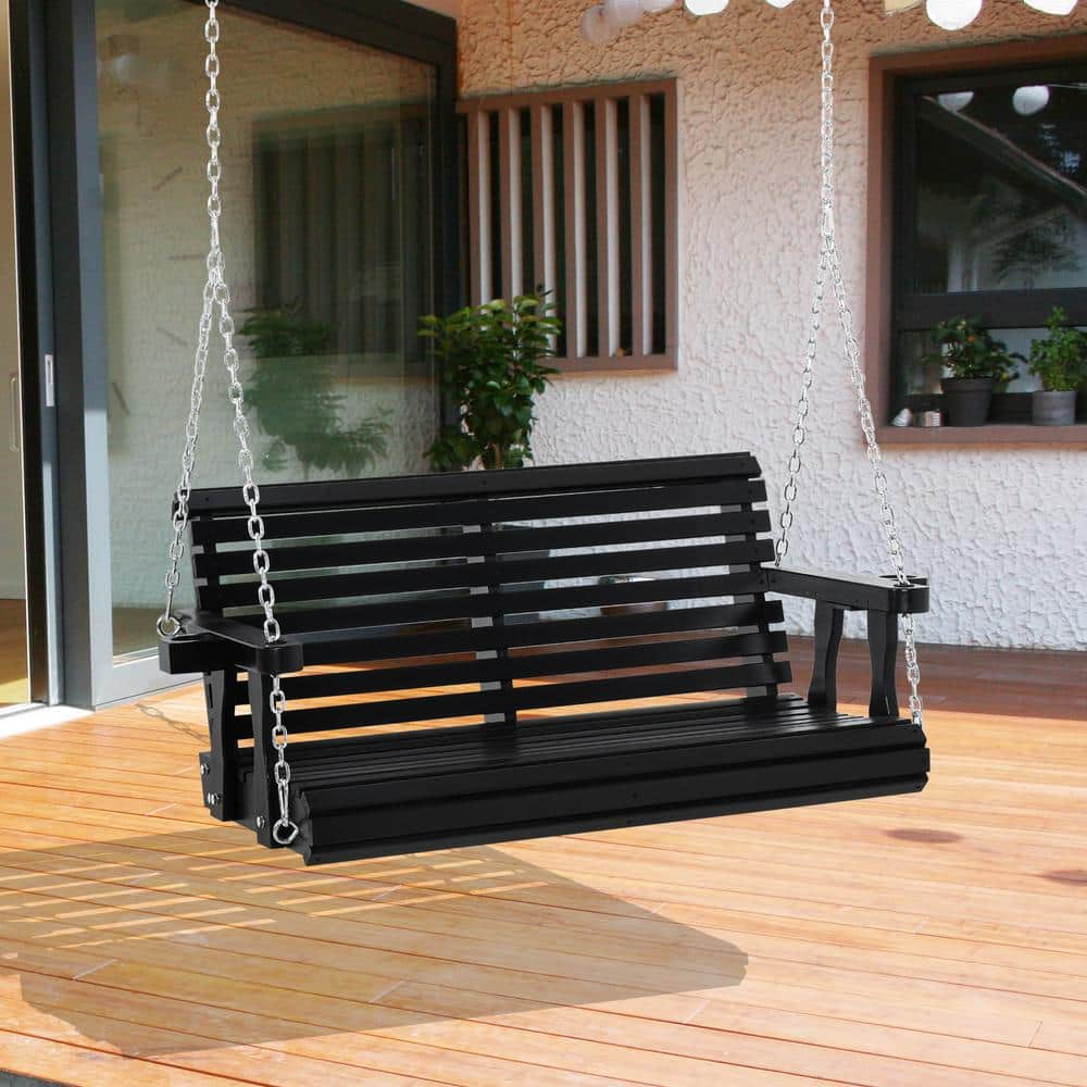 Black Wooden 2-Person Porch Swing with Chains and Cup Holders