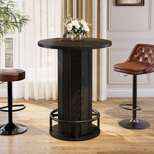Kearsten 39.8 in. H Black Round Bar Table, Bar Height Circle Kitchen Table with Metal Footrest for Bar, Pub