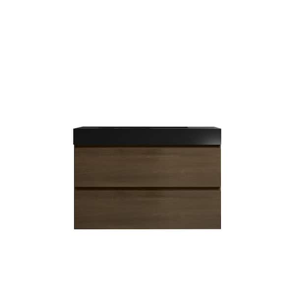 Aoibox 36 in. W x 18.1 in. D x 25.2 in. H Wall Mounted Floating Bathroom Vanity in Dark Oak with Black Top Single Sink