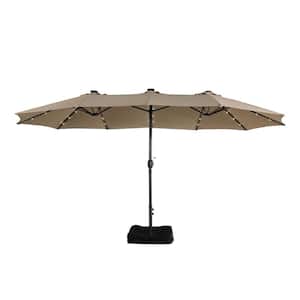 15 ft. Extra-Large Outdoor Market Double-Sided Patio Umbrella with Base and Solar LED in Tan