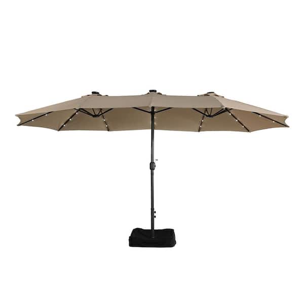Boyel Living 15 ft. Extra-Large Outdoor Market Double-Sided Patio Umbrella with Base and Solar LED in Tan