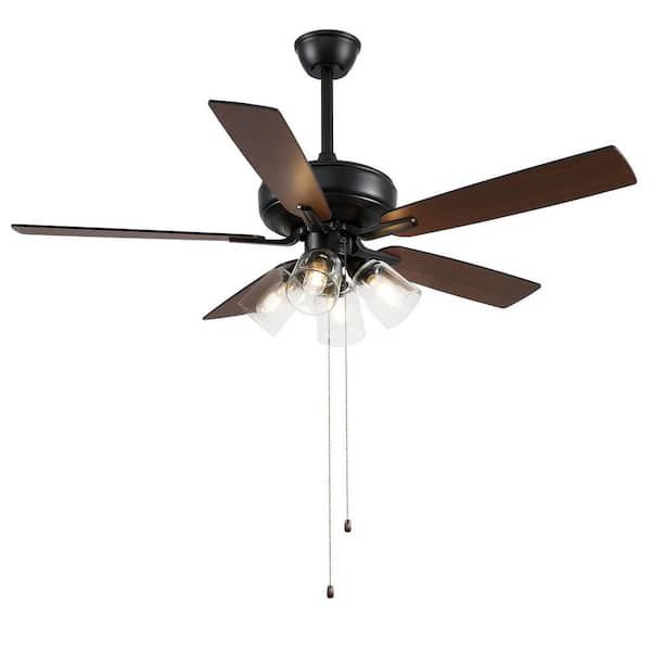 52 in. Indoor Matte Black Downrod Mount Traditional Pull-Chain Ceiling Fan with Lights Remote Control Included