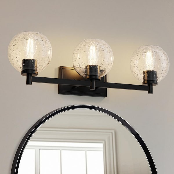 YANSUN 25 in. 3-Light Black Vanity Light with Globe Glass Shades for Bathroom, Vanity, Entryway