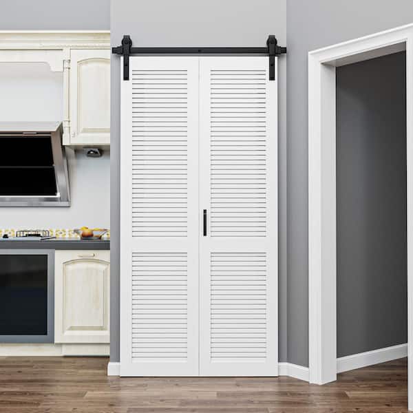 ARK DESIGN 40 in. x 84 in. Solid Core Composite MDF White Finished Louver Closet Bi-Fold Door Sliding Barn Door with Hardware Kit