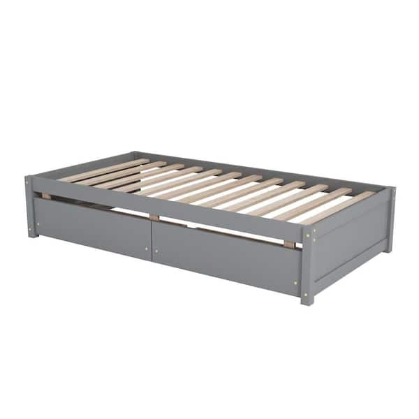 wetiny Gray Wood Frame Twin Platform Bed with 2 Drawers