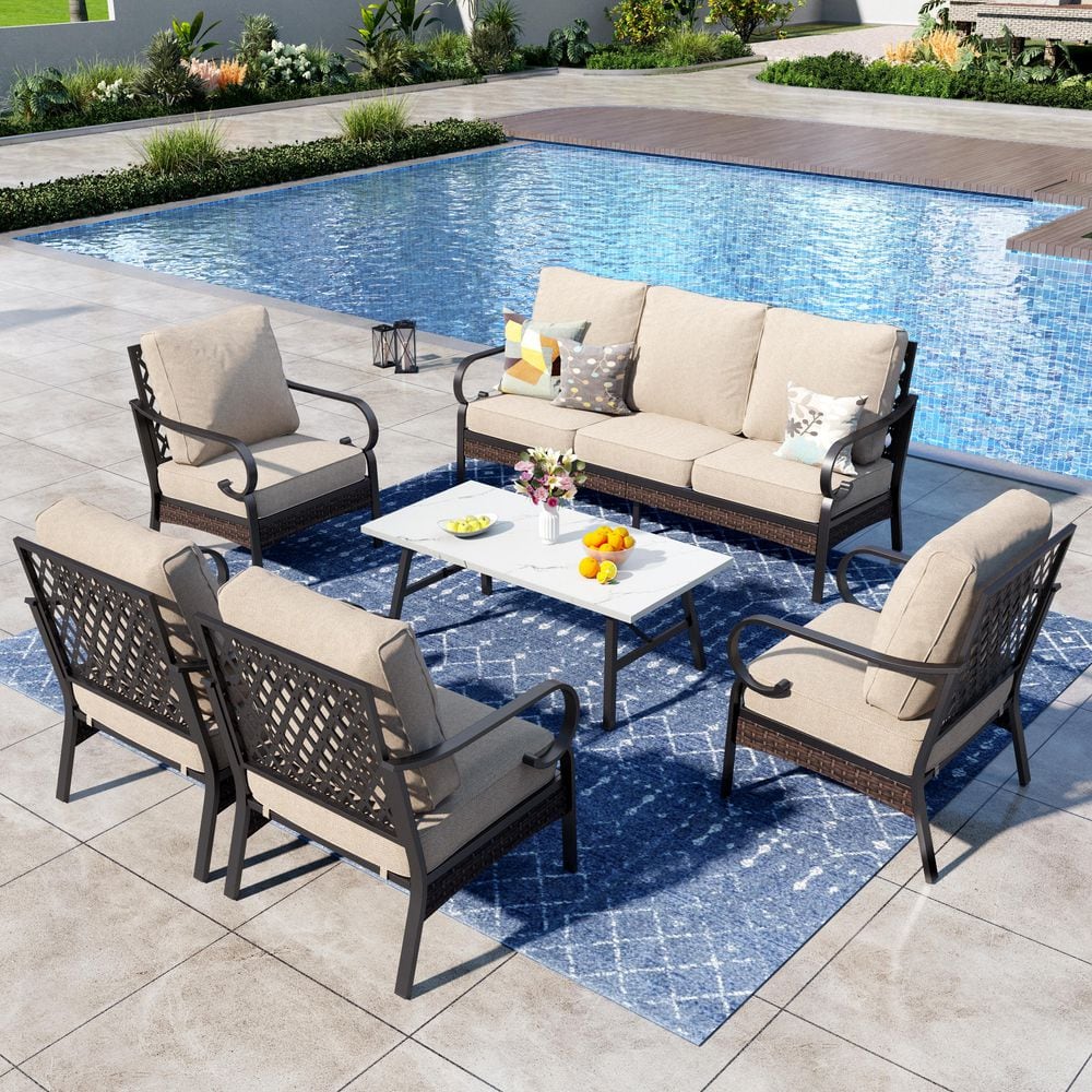 6-Piece Black Metal 7 Seats Outdoor Patio Conversation Set with Fixed Chairs, Marbling Coffee Table and Beige Cushions price history on PriceWatchPro