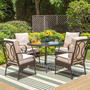 5-Piece Metal Patio Outdoor Dining Set with Black Round Table and Stationary Chairs with Beige Cushions