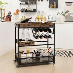 Rolling Rustic Brown Bar Kitchen Cart 3-Tier Industrial Buffet Serving Trolley Wine Rack and Tray