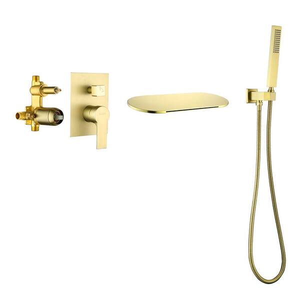 Single-Handle Wall Mount Roman Tub Faucet with Handheld Shower Waterfall  Tub Filler with Hand Sprayer in Brushed Gold