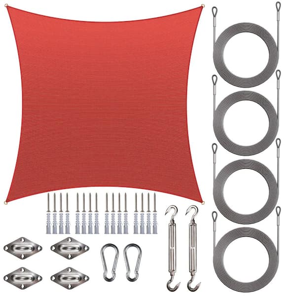 10 ft. x 10 ft. Square Sun Shade Sail with Hardware Kit and Rope-Red