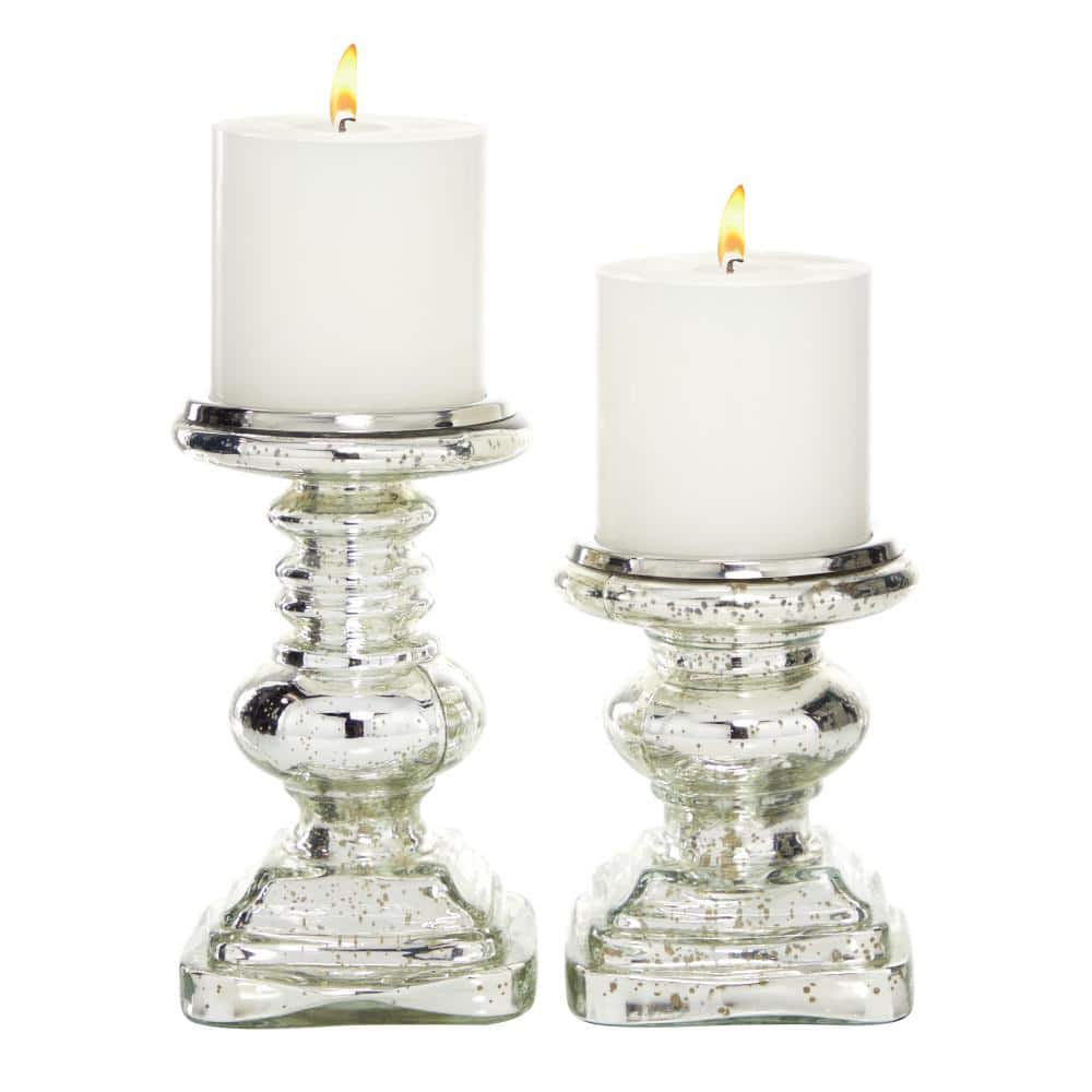 Elegant Silver Mercury Glass Pillar Candle Holder Set, 9" & 7"H